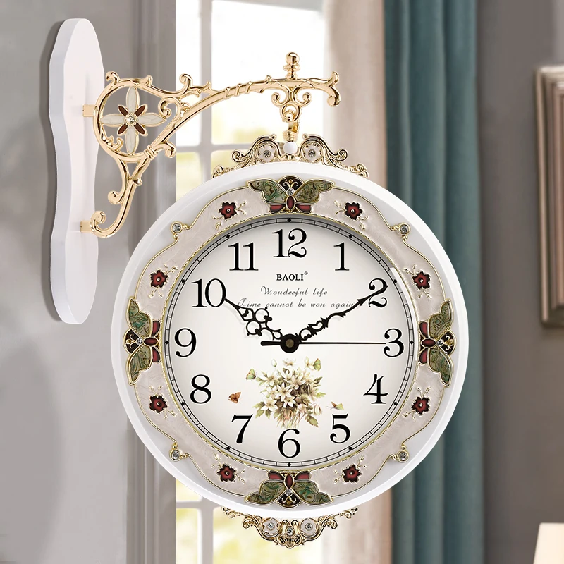 Двусторонние настенные часы два искусственных элемента гостиная деревянный