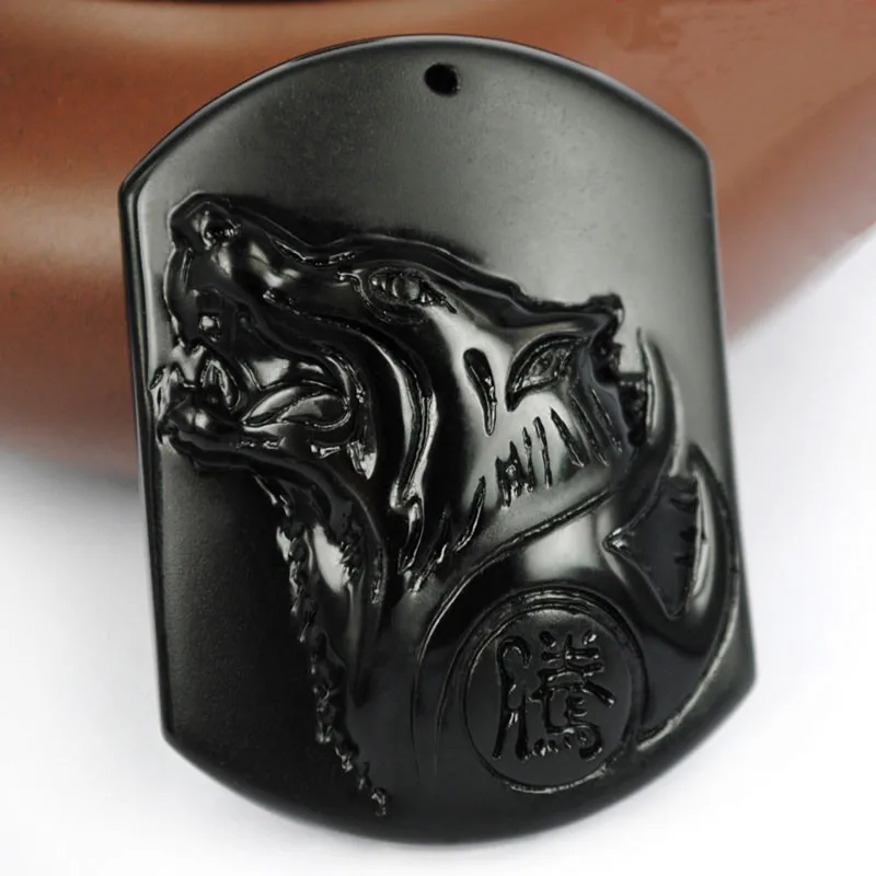 Черная Обсидиановая резьба голова Волка амулет кулон бесплатное ожерелье