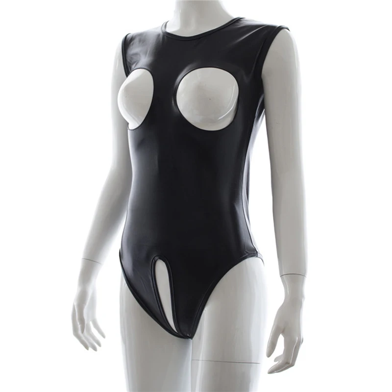 Женский комбинезон из искусственной кожи без рукавов с открытой грудью и