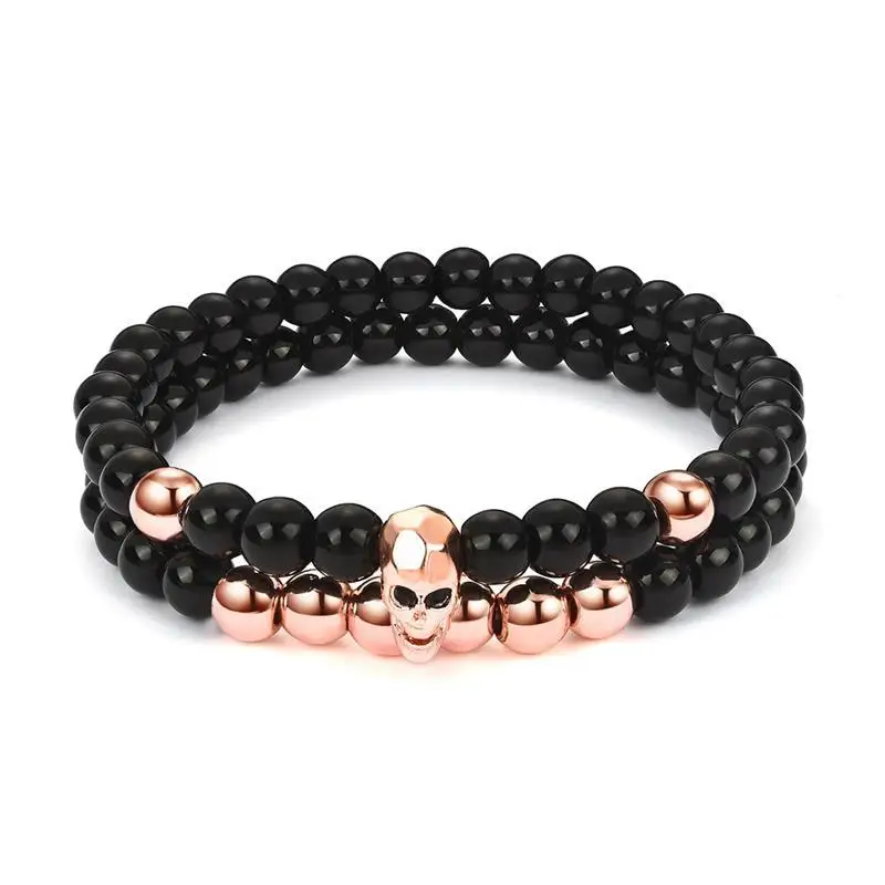 Rose Gold Jiayiqi натуральный камень бусины для мужчин Браслеты Череп Шарм браслет мужской ювелирные изделия Готический Викинг Bijoux 2 шт - Окраска металла: Rose Gold