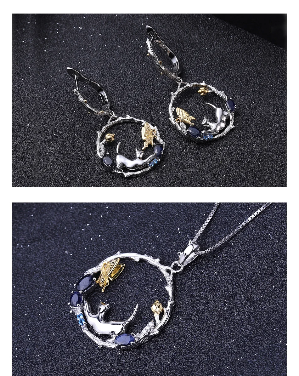 GEM'S балетные 925 пробы, серебряное кольцо, серьги, кулон, наборы, натуральный синий сапфир, ручная работа, кот и Ювелирный Комплект Бабочка для женщин