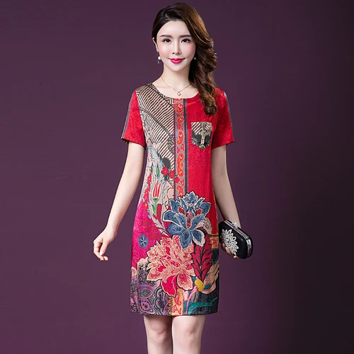 Женское шелковое платье с коротким рукавом элегантное большого размера принтом