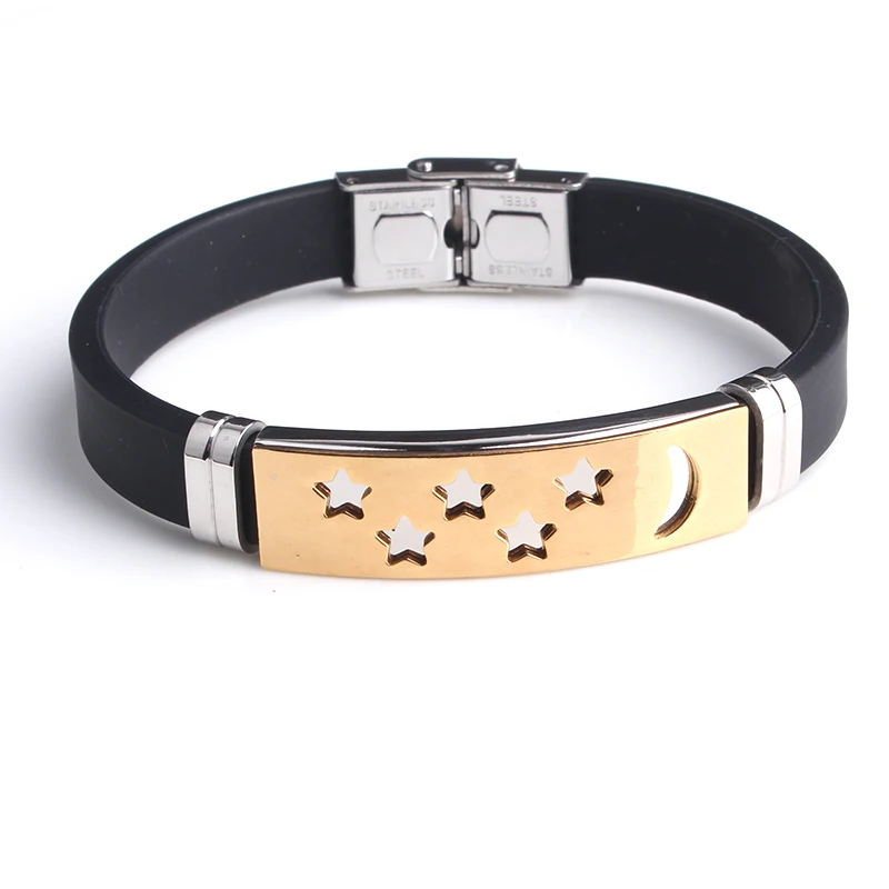 Золотой Цвет Звезда Луна силиконовые 316L браслеты из нержавеющей стали для