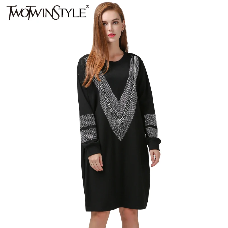 [TWOTWINSTYLE] 2019 осеннее свободное женское платье с длинным рукавом и v-образным
