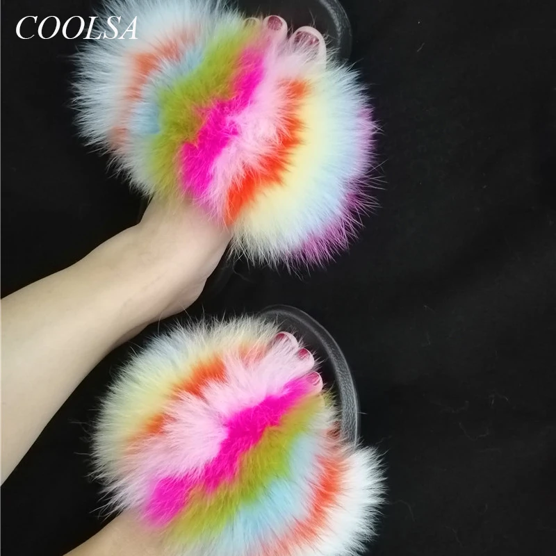 COOLSA/Новые модные женские тапочки с натуральным лисьим мехом; милые пушистые пляжные шлепанцы; женские разноцветные меховые плюшевые тапочки;