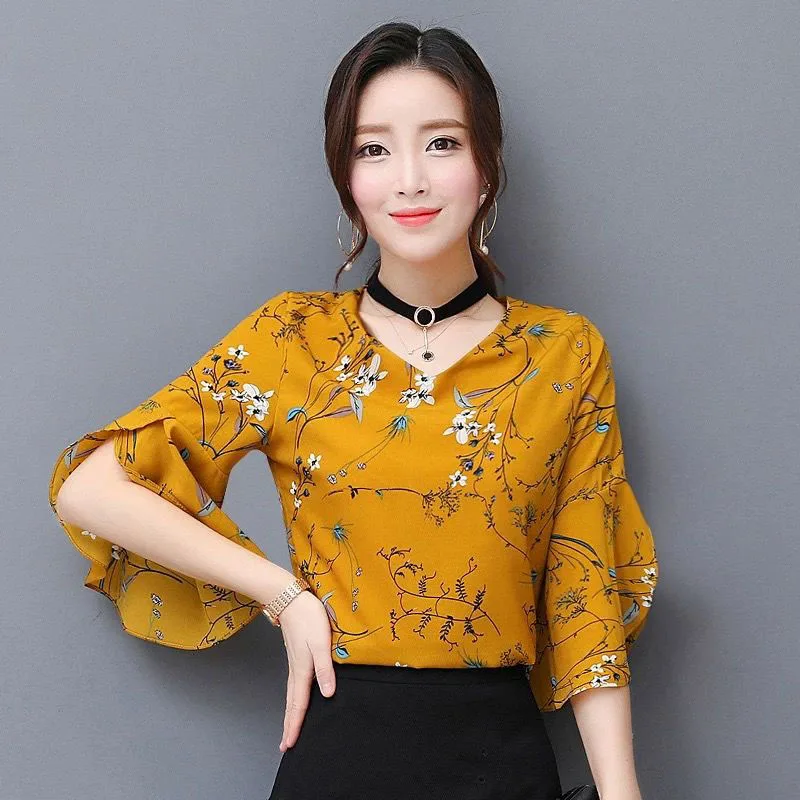 

Women Summer Style Flower Printed Chiffon Blouses Shirts Girls Half Flare Sleeve Floral Bow Tie decor V-Neck Blusas DF2582