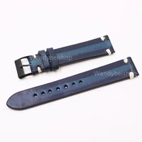 carlywet 20mm wholesale man women handmade 3mm thickness leather two tone blue vintage wrist watch band strap belt black buckle