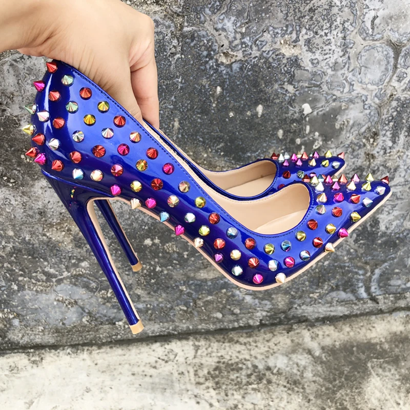 

Fashion free shipping Women blue spike Patent Leather Poined Toe Stiletto high heel shoe pump HIGH-HEELED SHOE Wedding shoe
