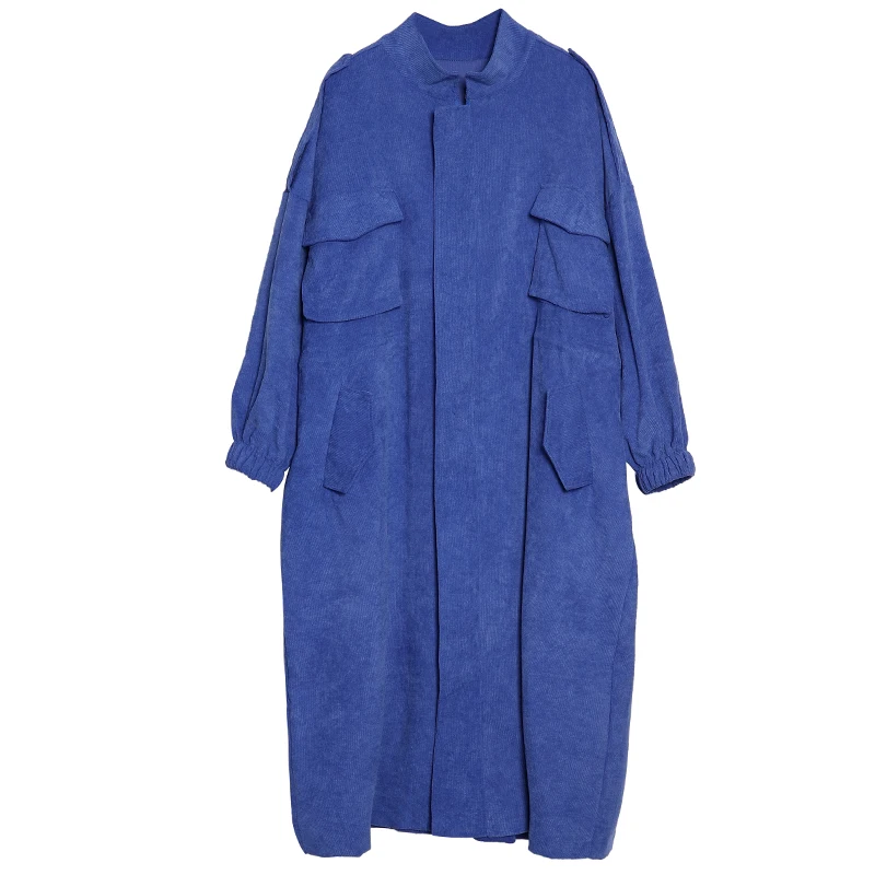 blue coat CHICEVER, леопардовая Женская ветровка со стоячим воротником, с длинным рукавом, на молнии, свободный, негабаритный, длинный Тренч, Женское пальто, модная одежда, Новинка - Цвет: blue coat