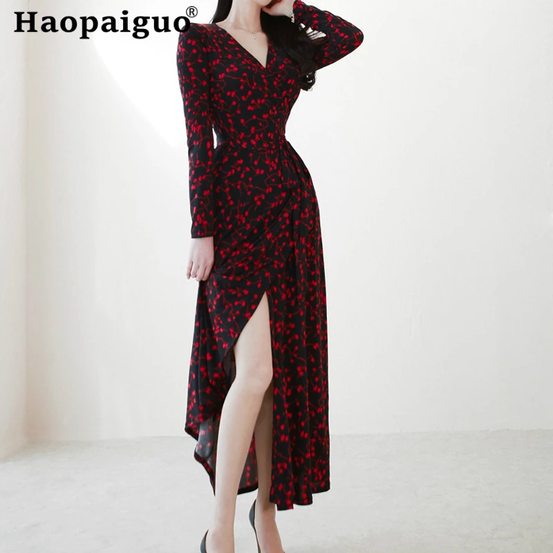 

Plus Size Red Korean Casual Dress Women Long Sleeve Print Corset Midi Wrap Dress Women Vintage Dresses Women Ropa Mujer 2019