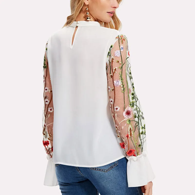 Недавно Для женщин Плиссированное длинное Сетчатое вышивкой блузка с длинными