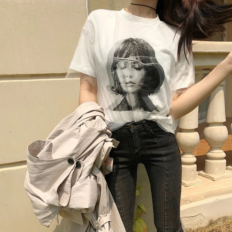 RUGOD шикарная белая сетчатая Лоскутная панк печать Harajuku футболка женская 2018
