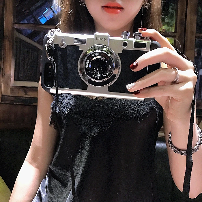 Fashion Cool 3D Retro Camera Phone Cases For iPhone 8 plus 7 6 6s Plus Case High Quality Soft Silicone Back Cover With Lanyard |