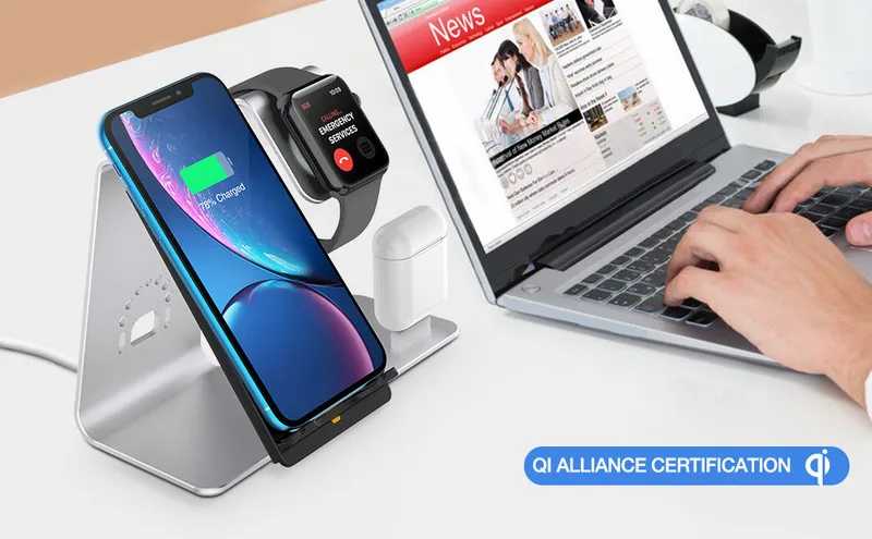 

Vmonv New 3 in 1 wireless charging phone holder stand for IPone 8 X watch airpods aluminum alloy 10W wireless charging bracket