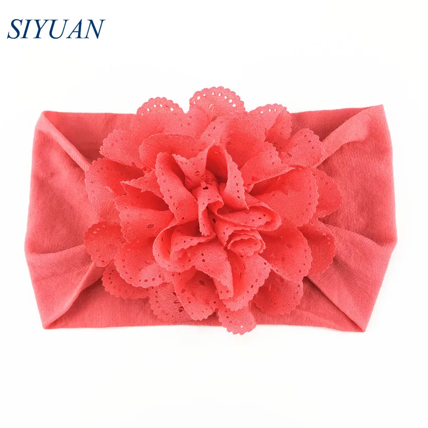 20pcs/lot You Pick Color Wide Nylon Elastic Headband with 3'' Eyelet Chiffon Fabric Flower DIY Hair Accessories For Party HB082 |