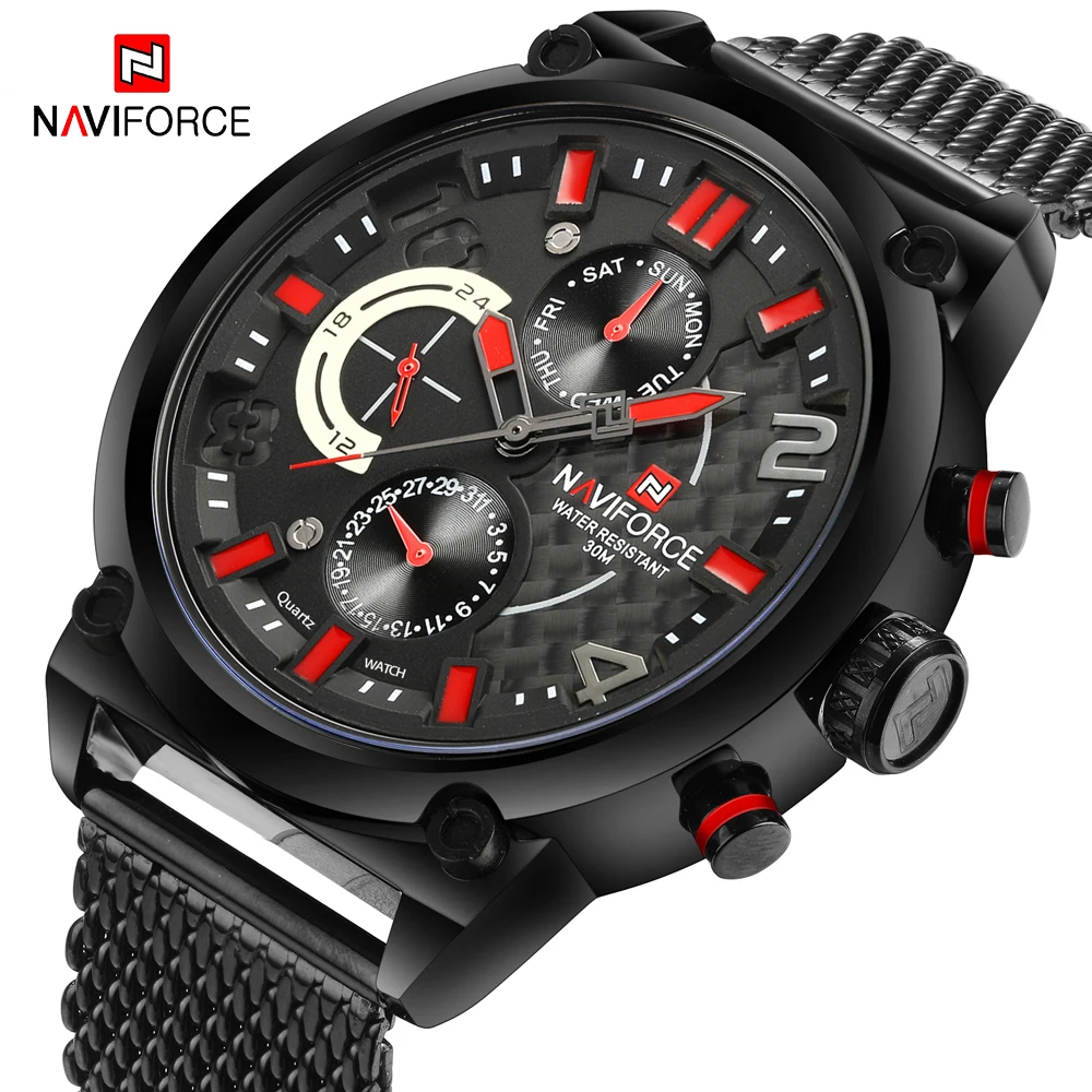 NAVIFORCE, мужские часы с хронографом, стальной сетчатый ремешок, кварцевые наручные часы, водонепроницаемые, с датой, мужские военные аналоговые часы, Relogio Masculino