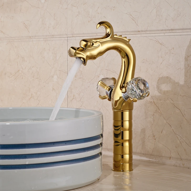 Дракон форма ванная комната смеситель кран двойной Cristal ручки золотой раковины