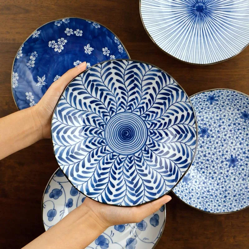 8 дюймов в японском стиле синяя и белая фарфоровая посуда керамическая тарелка
