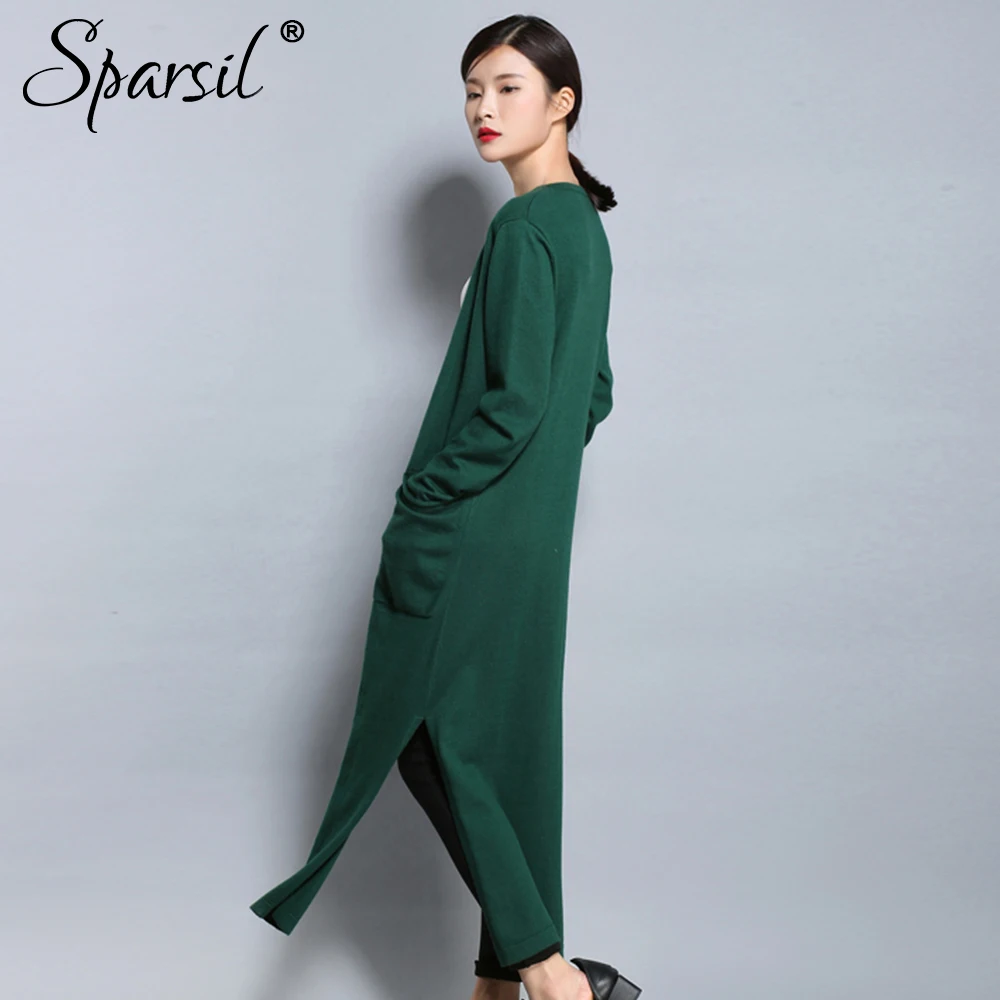 Sparsil Для женщин осень шерсть длинная Кардиганы для однотонные вязаные сторона Ил