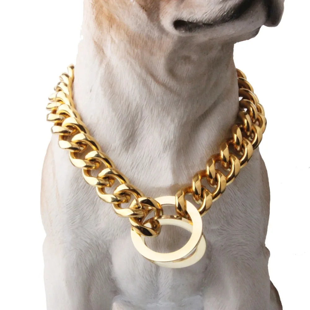

Fashion 12-19mm wide Customize Length Gold Silver Color Cut Curb Cuban Link 316L Stainless Steel Dog Chain Collar