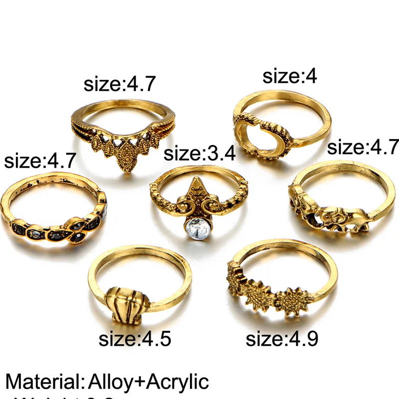 Elephant Rings Antique Gold Silver Color Crystal Midi Knuckle Finger Ring Set Women Hollow Flower Crown Moon Sun Jewelry 7 pcs | Украшения