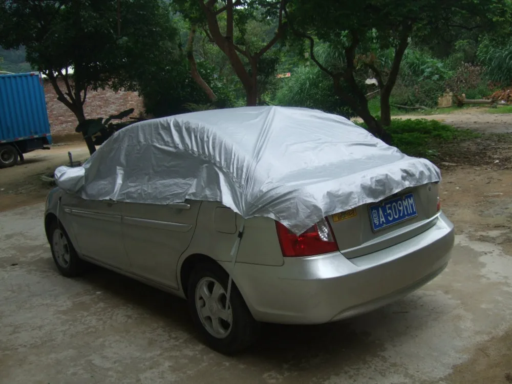 car cover prevent heat cold sun rain snow half auto cover for saloon hatchback pickup pvc coating cover l xl optional free global shipping