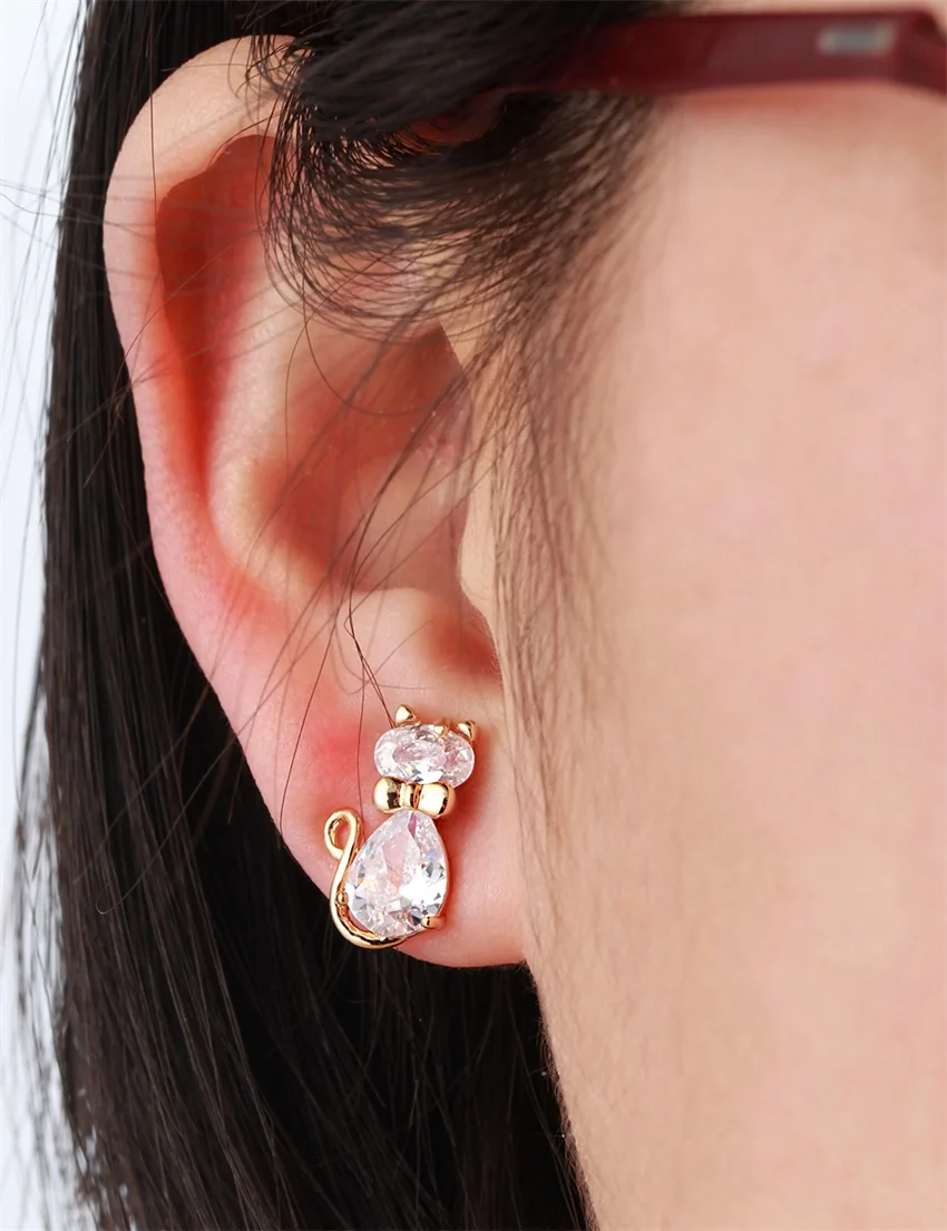 Желтое Золото Цвет милый котенок Товары для кошек бабочка узел CZ Серьги гвоздики