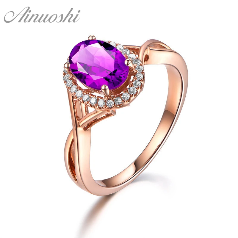 AINUOSHI натуральный аметист Halo Кольцо 2ct овальная огранка драгоценный камень обручение вечерние женские ювелирные изделия розовое золото цвет кольцо из стерлингового серебра 925