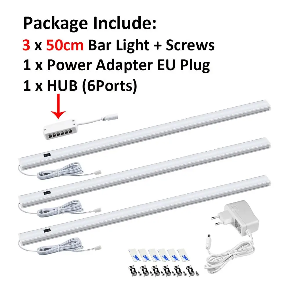 3 pcs 50cm with Plug Ручная развертка переключатель движения Сенсор светодиодный 12V бар светильник полоски шкаф Кухня светильник Спальня шкаф для одежды шкаф ночника 30/40/50 см - Испускаемый цвет: 3 pcs 50cm with Plug