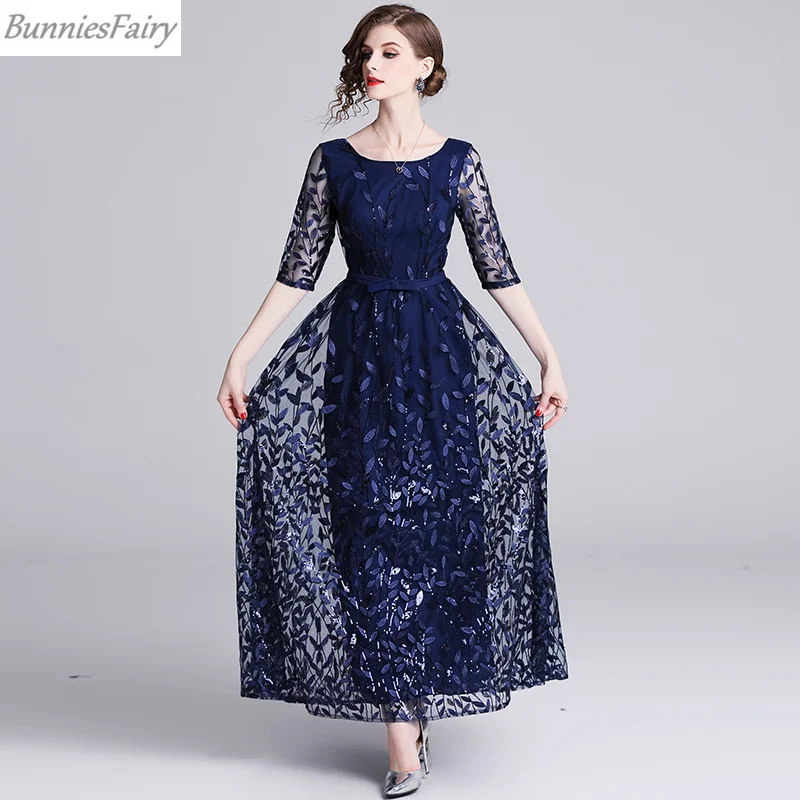 BunniesFairy 2019 летнее Новое Женское платье высокого класса темно синие листья