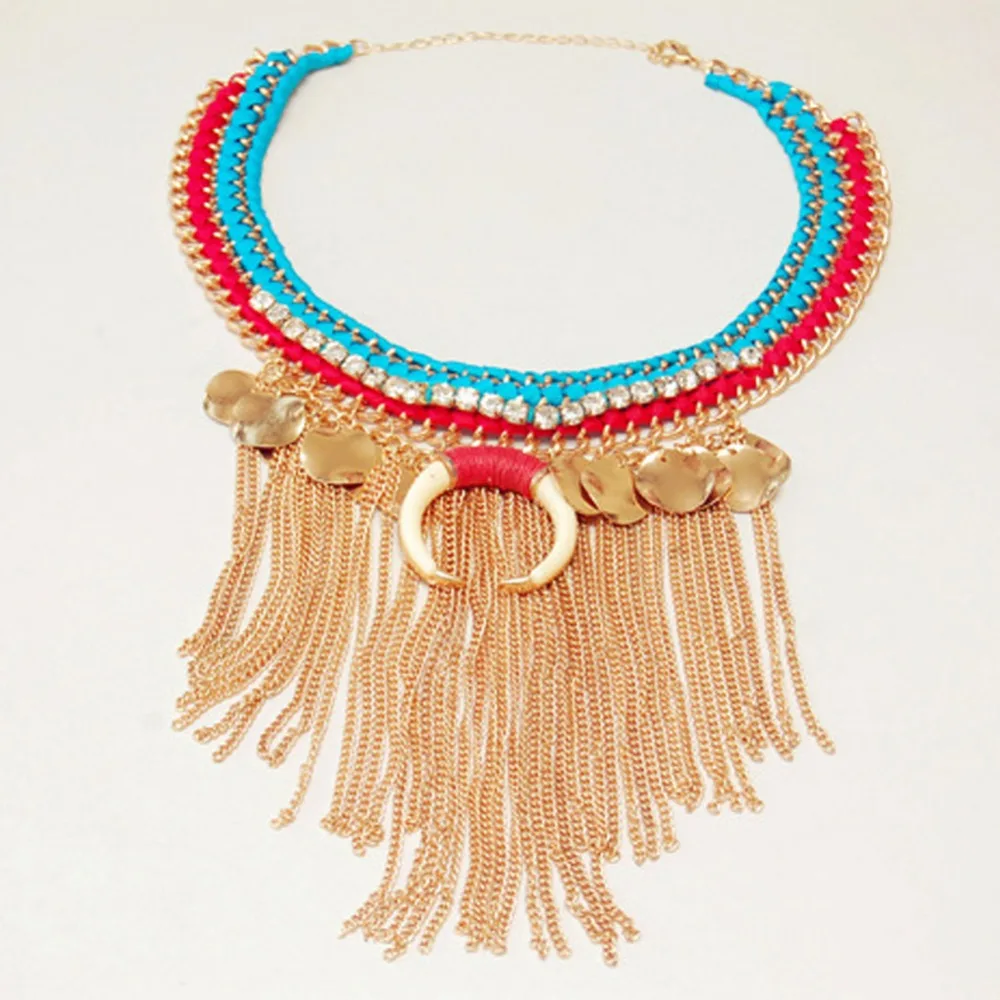 New Fashion Big Woven Long Tassels Choker Necklace Vintage Ox Horn wafer Maxi Statement Women Jewelry #277147 | Украшения и