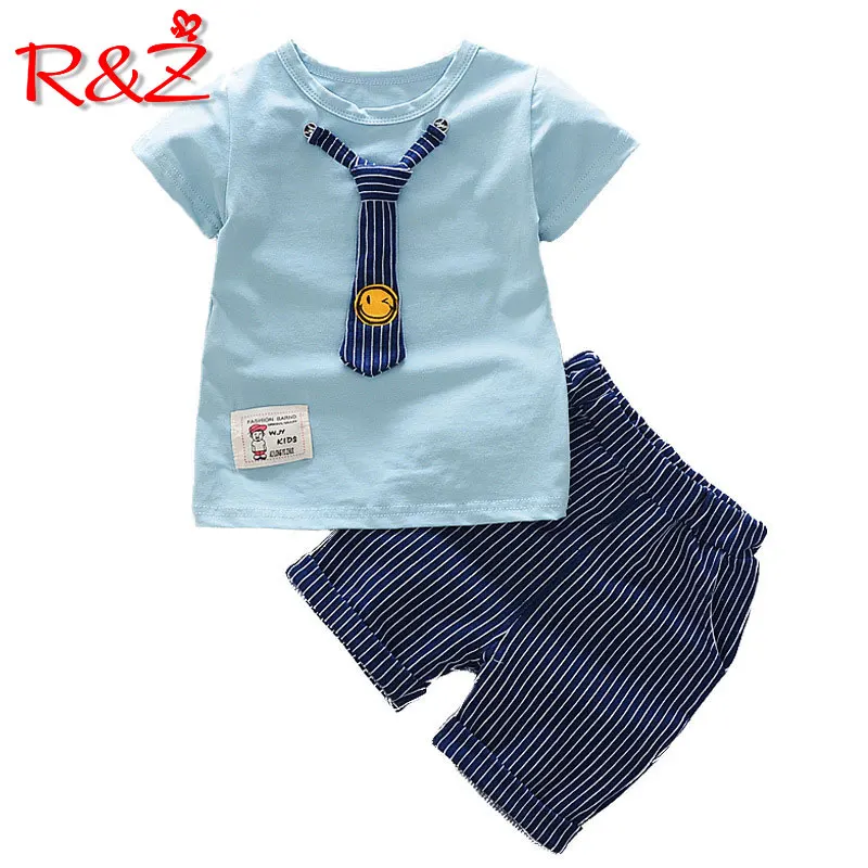 

Детский костюм R & Z, летний комплект для мальчиков, футболка с рисунком улыбки и шорты в полоску с коротким рукавом и имитацией галстука, комп...