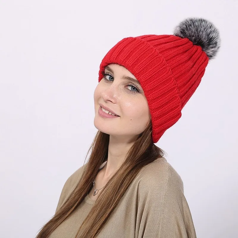 Для женщин трикотажные искусственного меха лисы Pom pom hat одноцветное Цвета