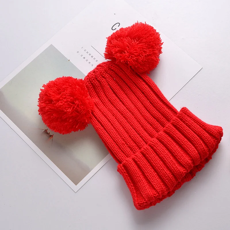 bright red Зимние шапки для детей, вязаный детский колпачок, детские меховые шапки с помпоном для девочек и мальчиков, вязаная крючком милая детская теплая шапка - Цвет: bright red