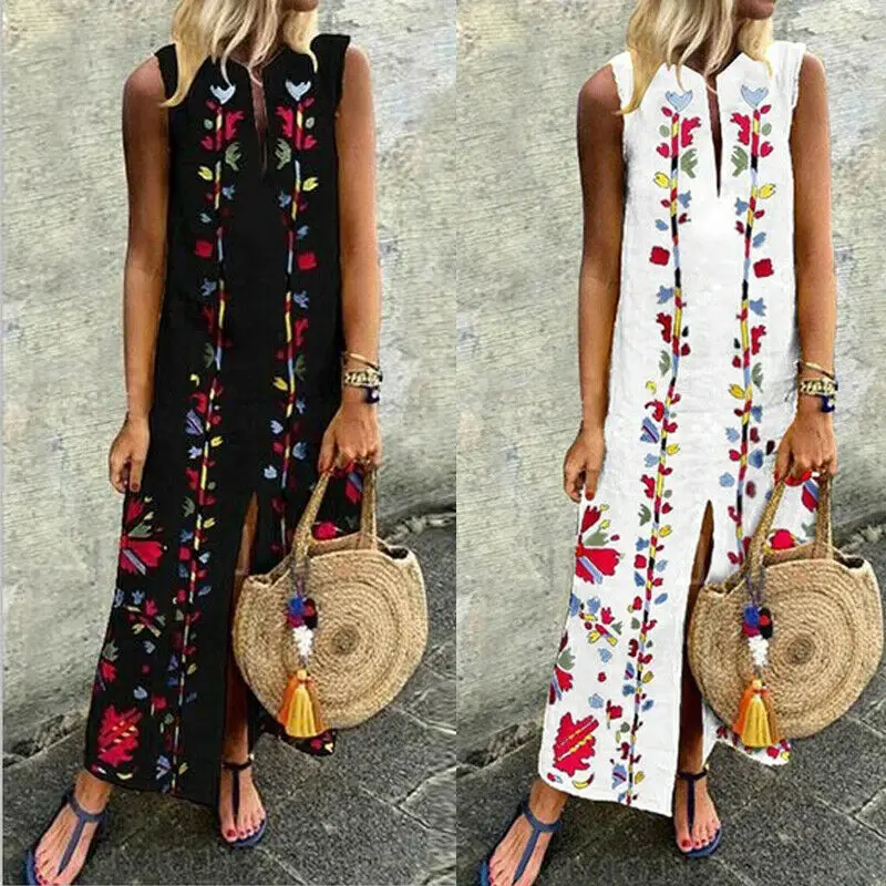 Женское летнее длинное пляжное платье макси с принтом без рукавов|Женские