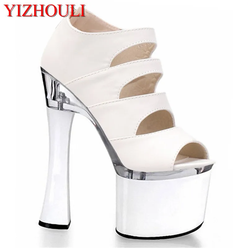 Sexy fish mouth hollow out 18 cm high stiletto sandals with white wedding bride shoes runways for women's Dance Shoes