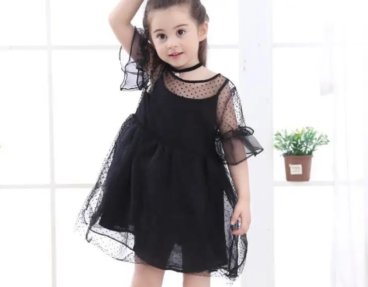 

fashion Children Infant Kid Girls Solid Dot Net Yarn Casual Princess Dress Clothes Short sleeve Knee-Length