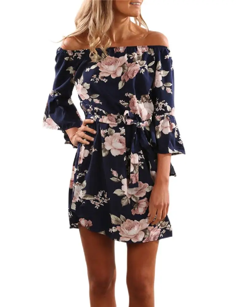 Женское летнее платье с открытыми плечами элегантное цветочным принтом и
