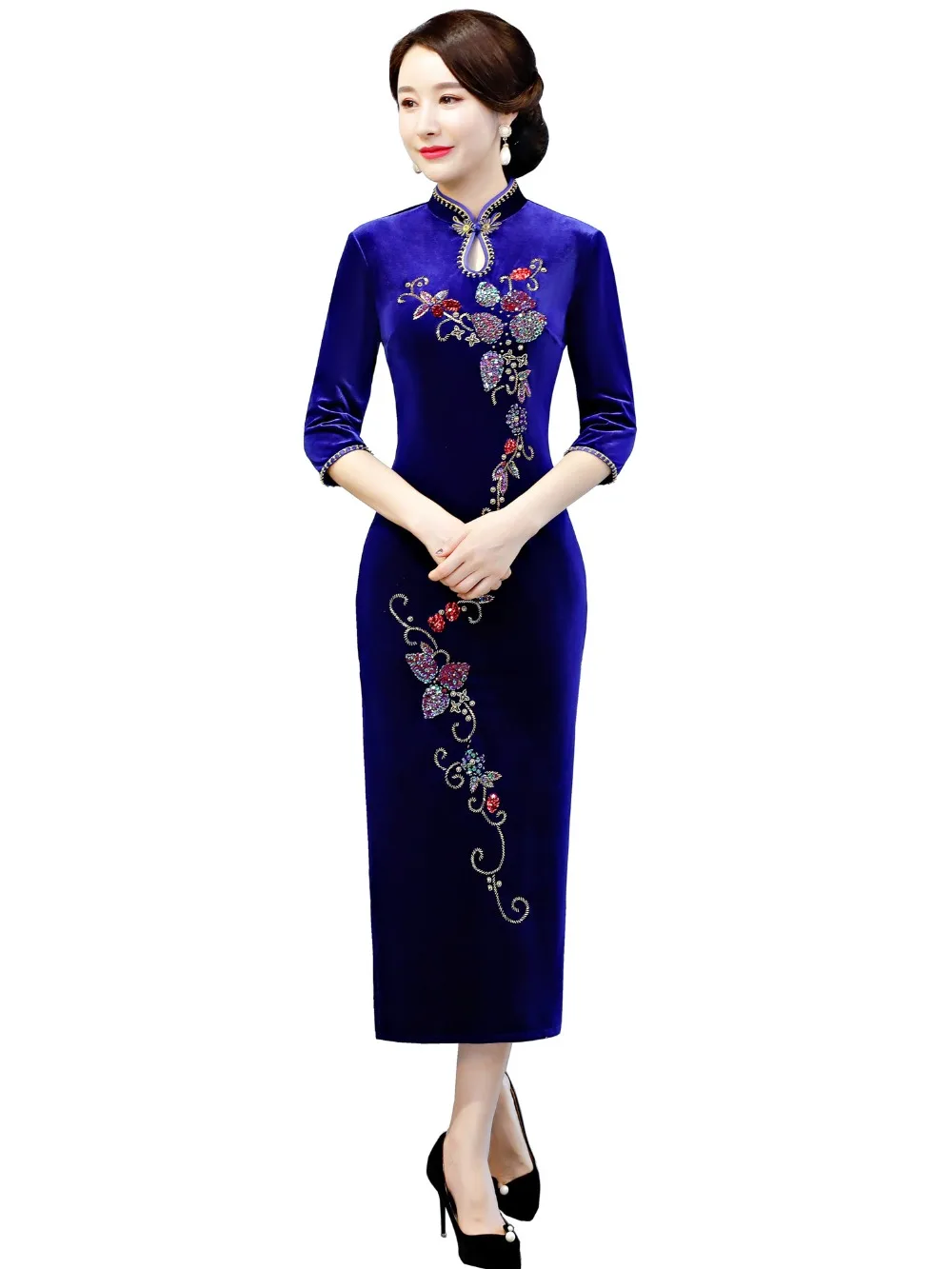 

Китайское традиционное бархатное платье Ципао с вышивкой в виде цветов и вырезом «История Шанхая»