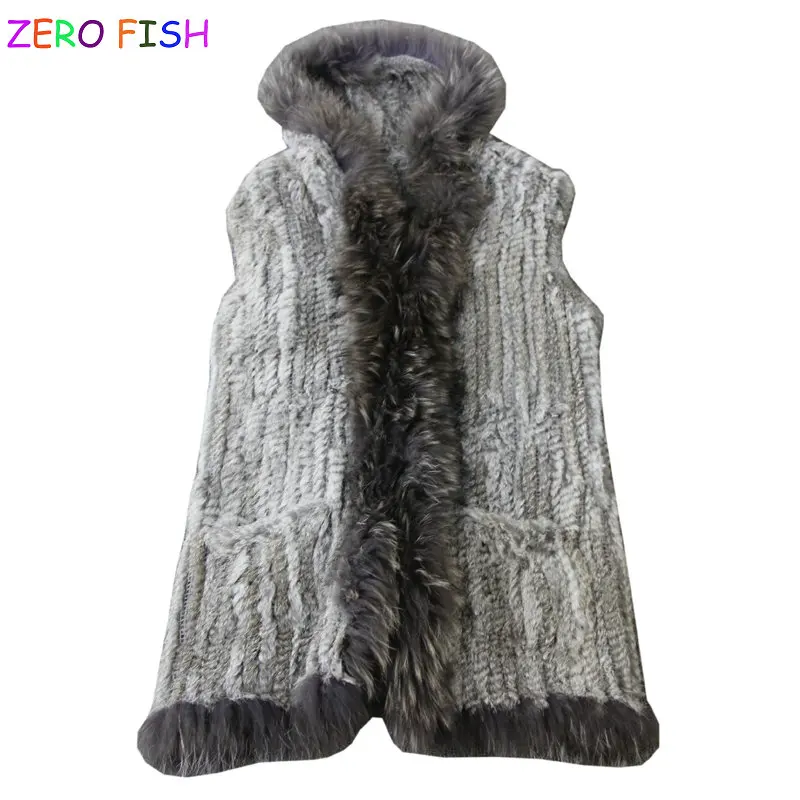 high quality hot sale knitted rabbit fur pocket vest raccoon dog collar with hood waistcoat | Женская одежда