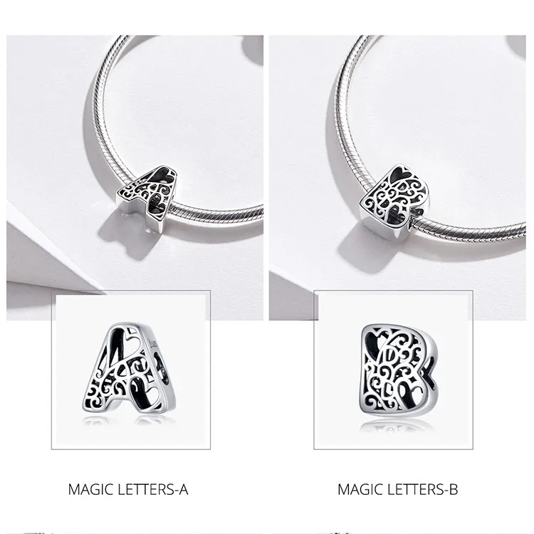 Подходит для браслетов Pandora,, 925 пробы, серебро, 26 букв, английские буквы, бусины S295, сердце, 26 букв, подвески, сделай сам