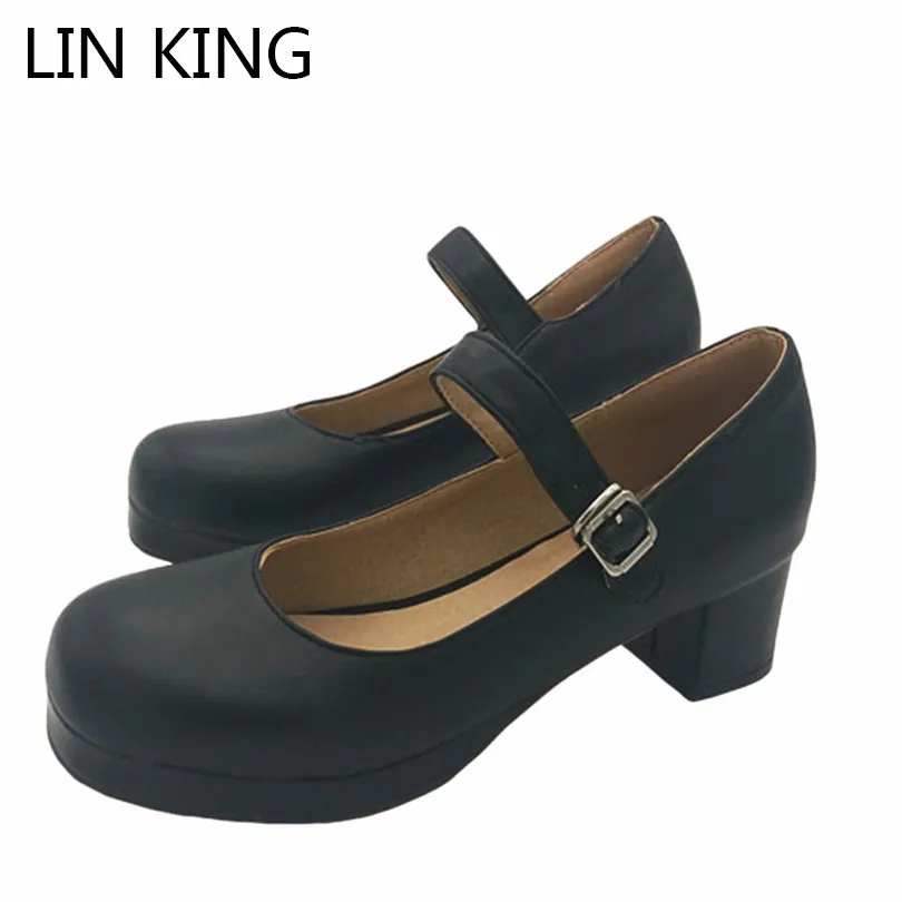 Lin king/женские туфли-лодочки; однотонные Туфли Мэри Джейн с пряжкой и круглым носком; вечерние туфли на низком каблуке ярких цветов; туфли Лолиты на платформе для костюмированной вечеринки размера плюс