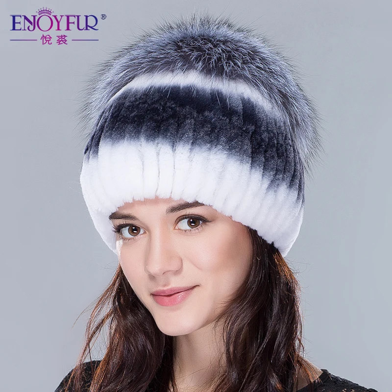Женская меховая шапка ENJOYFUR, вязаная шапка бини из натурального меха кролика или черно-бурой лисы на зиму