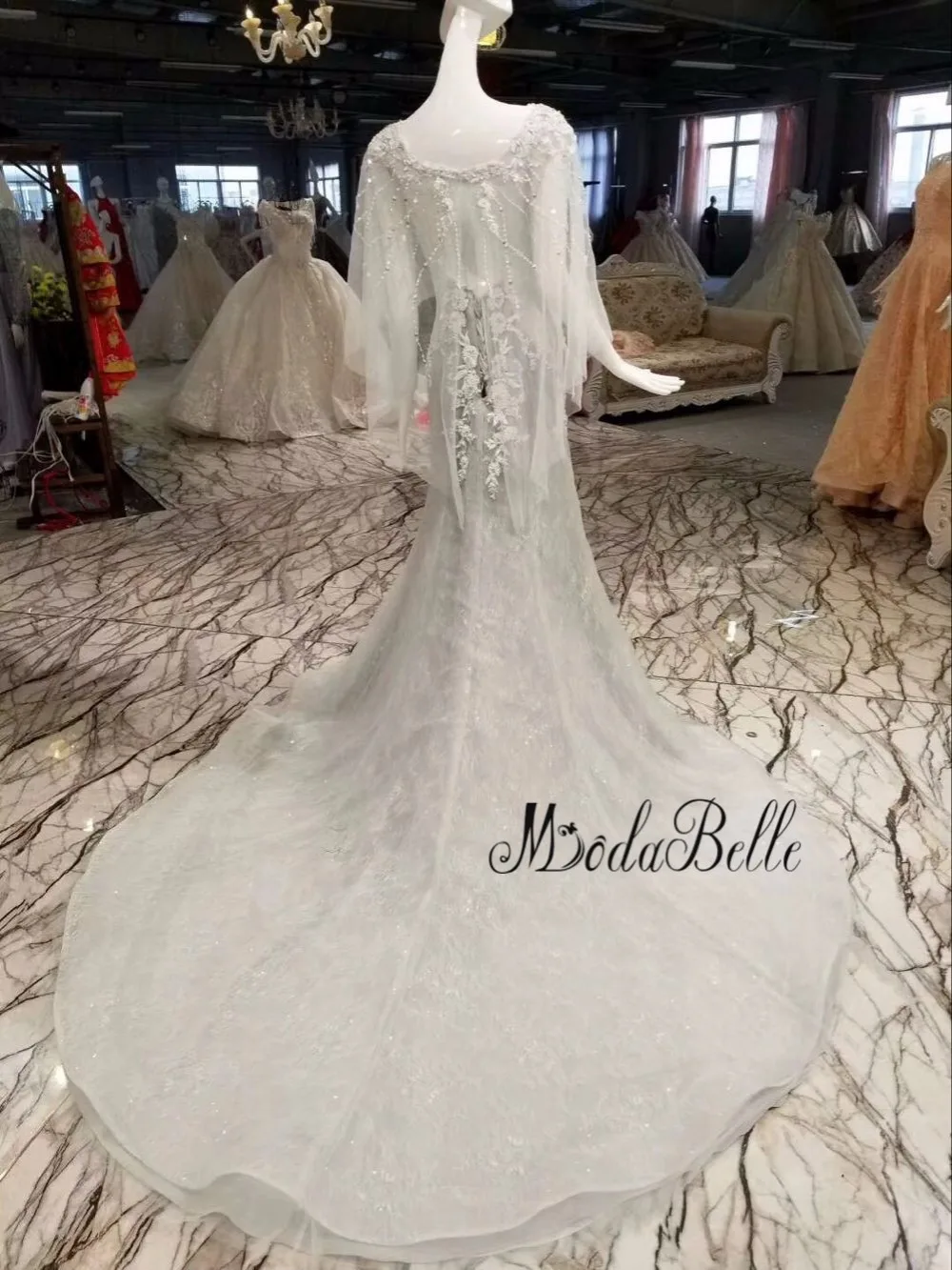 

modabelle Vintage Beading Prom Dress Sexy Gray Lace Elegant Abendkleider 2018 With Tulle Cape Sexy Mermaid Prom Gowns