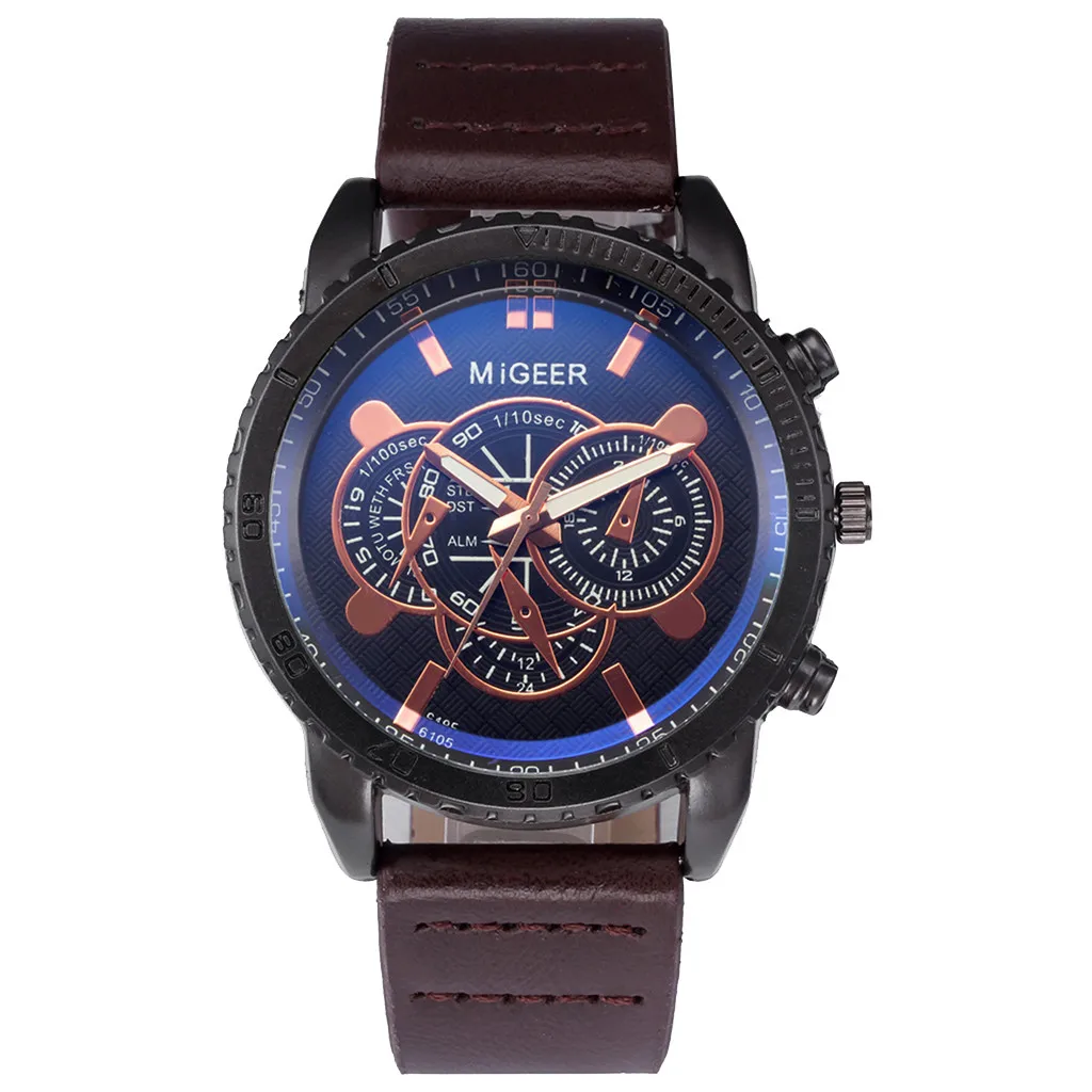 Мужские спортивные военные часы с кожаным ремешком кварцевые аналоговые из