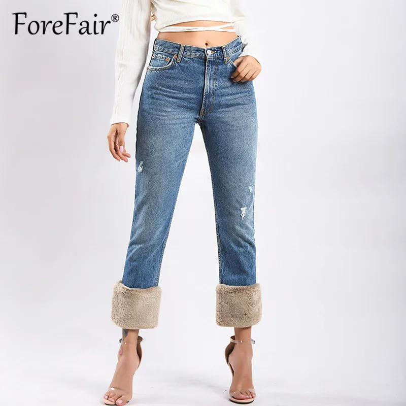 

Женские рваные джинсы до щиколотки Forefair, модные прямые джинсы в стиле пэчворк из кроличьего волоса с высокой талией, 2019