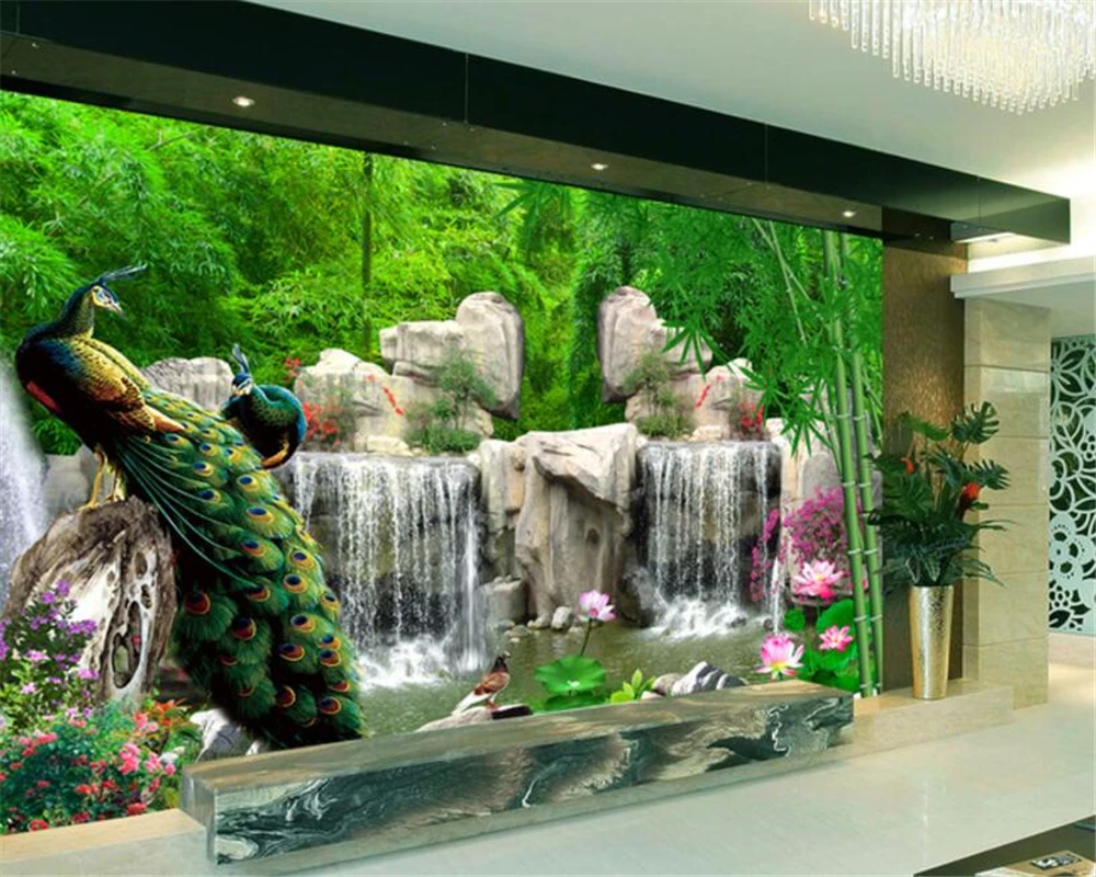 3D фотообои из бамбука леса Рокери павлина ТВ-комната фон 3d обои papel de parede wallpaper-3d |