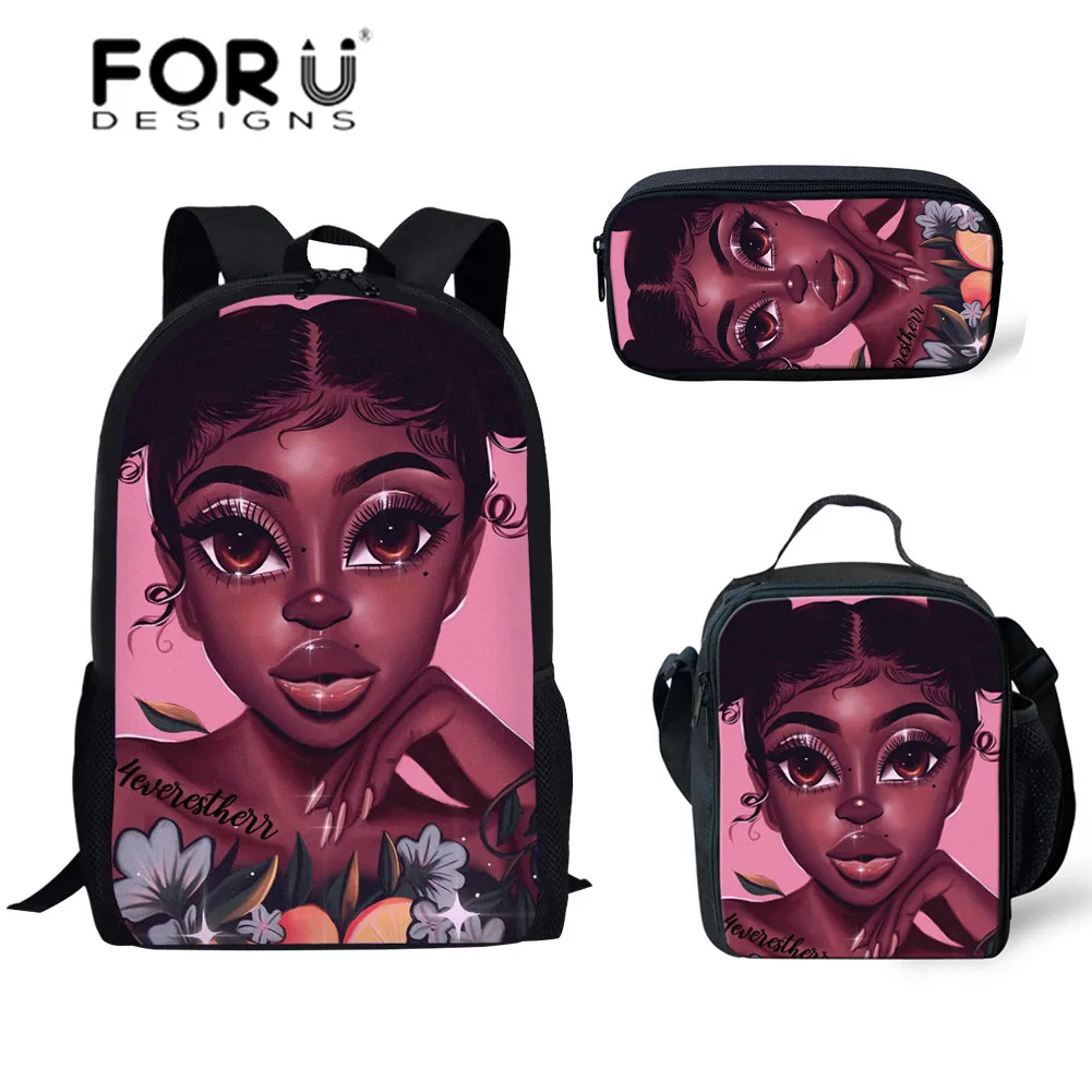 

FORUDESIGNS School Bags Backpack for Children 3pcs/set Shool Bag Black Art African Girls Printing Kids Book Bag Primary Satchel