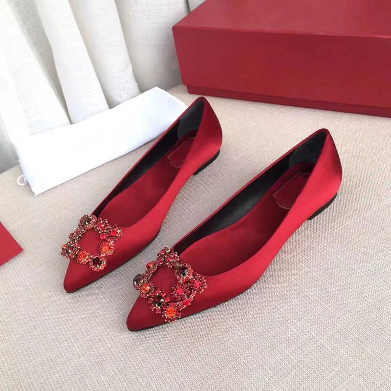 Elegant Dress Shoes Woman Pointed Toe Flats Crystal Boat Women Satin Slip On Flat Summer Blue Red Black | Обувь