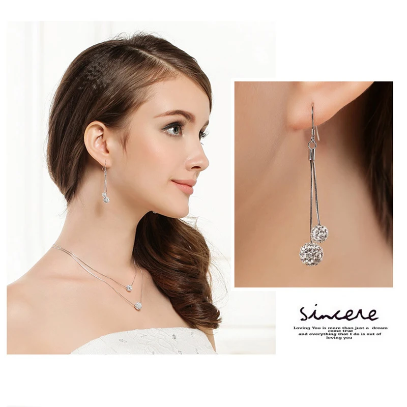 Earrings Fashion Jewelry Long Silver plated Drop Shambhala Double Full crystal Ball For Women | Украшения и аксессуары
